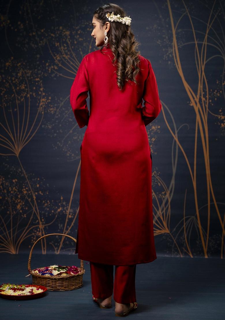 Maroon Embroidered Cotton Silk Blend Kurta Set With Dupatta - Indya