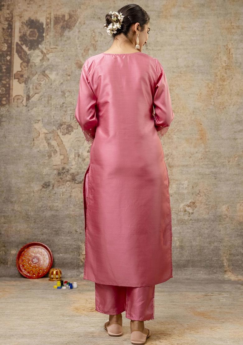 Pink Embroidered Silk Blend Kurta Set With Dupatta - Indya