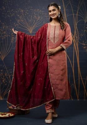 Peach Embroidered Silk Blend Kurta Set With Dupatta