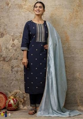Navy Blue Embroidered Silk Blend Kurta Set With Dupatta