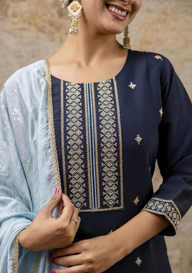 Navy Blue Embroidered Silk Blend Kurta Set With Dupatta - Indya