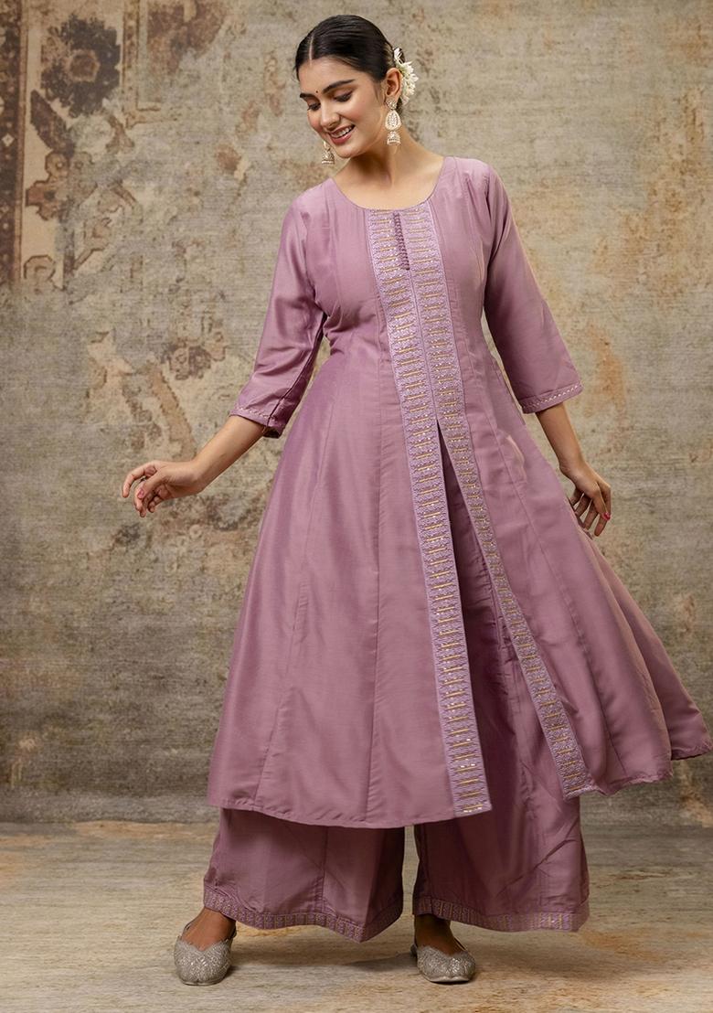 Dusty Pink Embroidered Silk Blend Kurta Set With Dupatta - Indya
