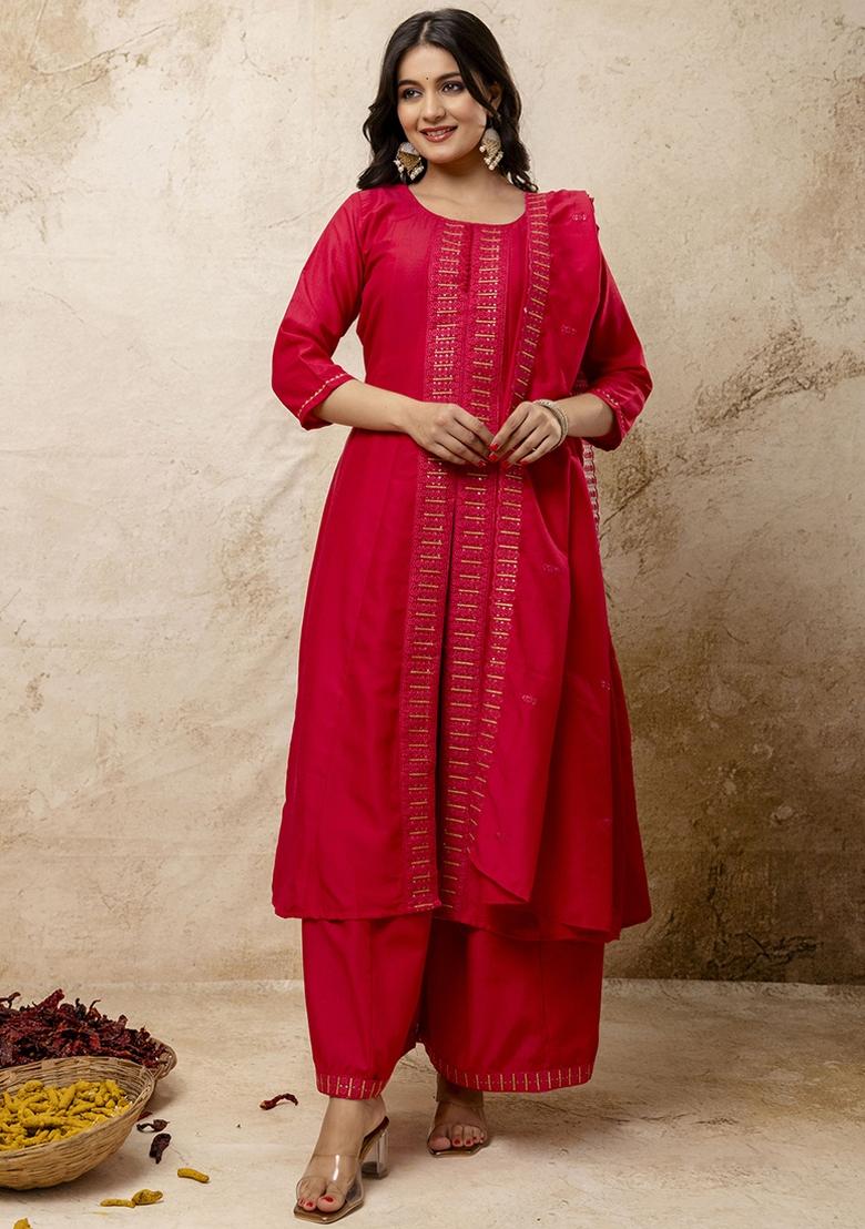 Red Embroidered Silk Blend Kurta Set With Dupatta - Indya