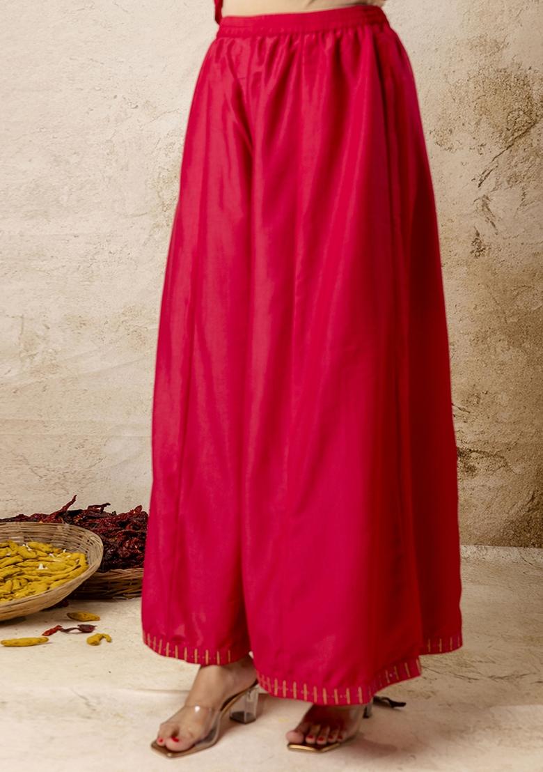 Red Embroidered Silk Blend Kurta Set With Dupatta - Indya
