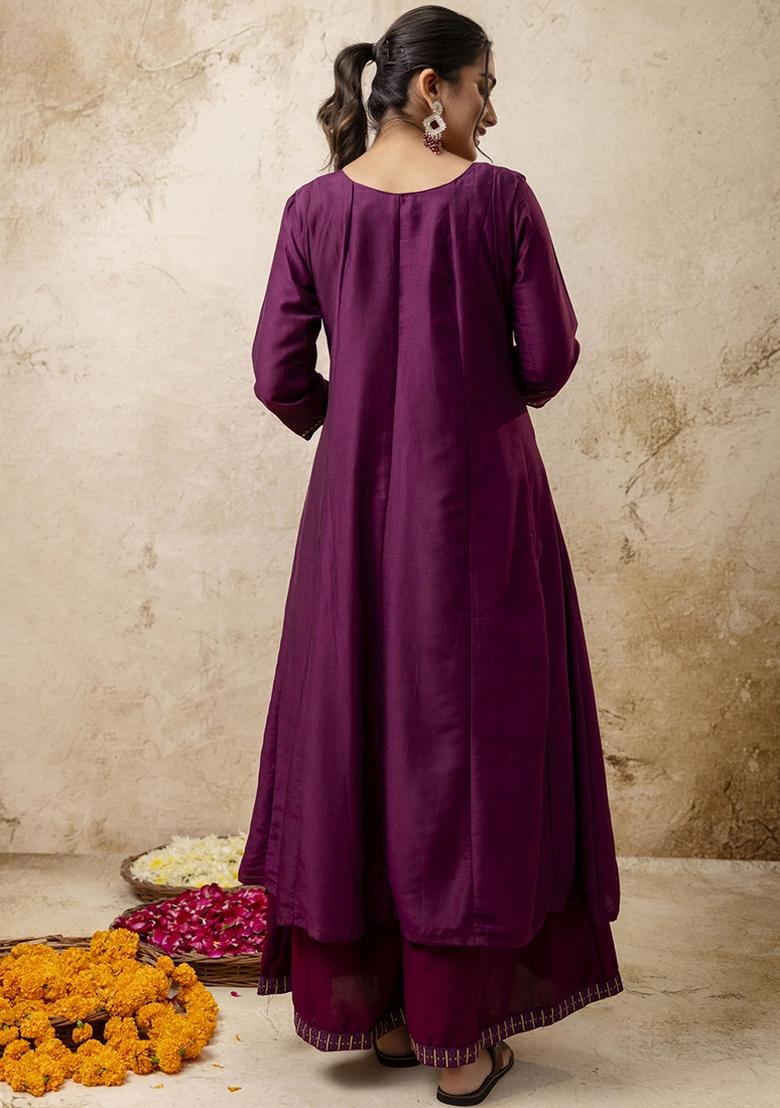 Wine Embroidered Silk Blend Kurta Set With Dupatta - Indya