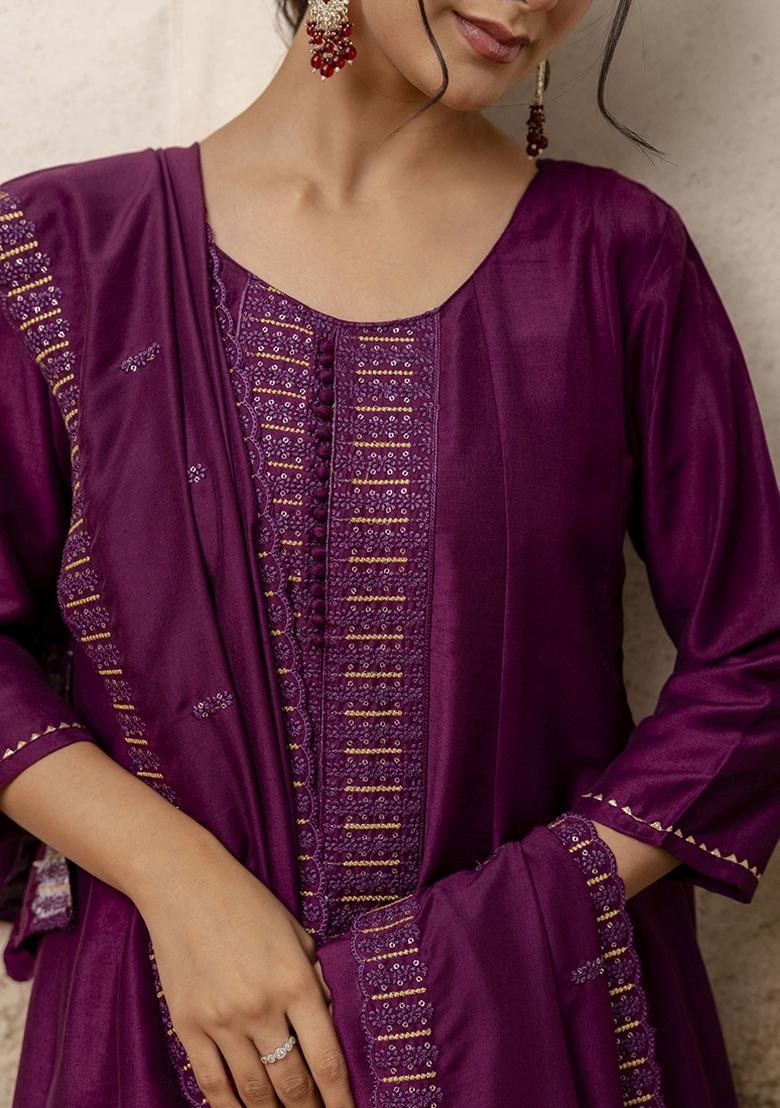 Wine Embroidered Silk Blend Kurta Set With Dupatta - Indya