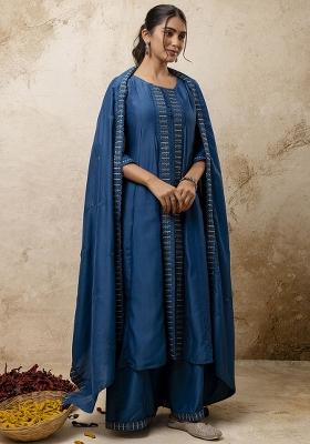 Navy Blue Embroidered Silk Blend Kurta Set With Dupatta