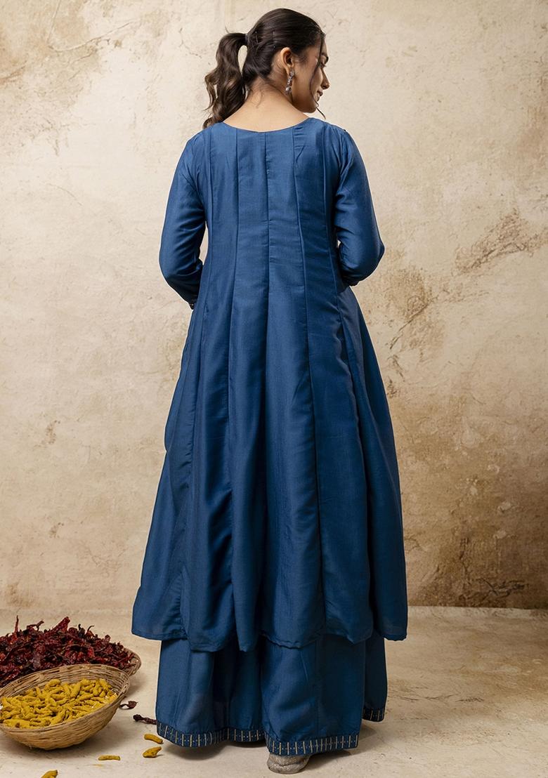 Navy Blue Embroidered Silk Blend Kurta Set With Dupatta - Indya
