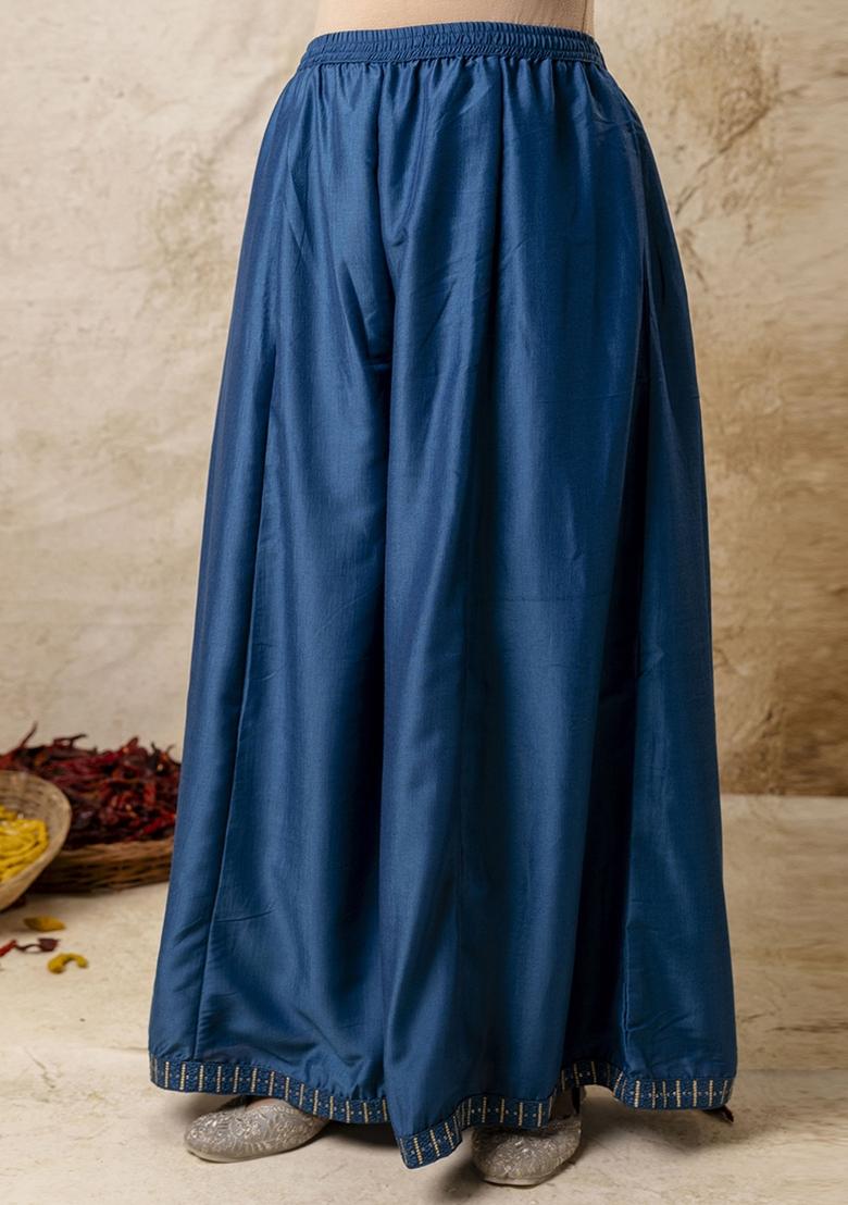 Navy Blue Embroidered Silk Blend Kurta Set With Dupatta - Indya