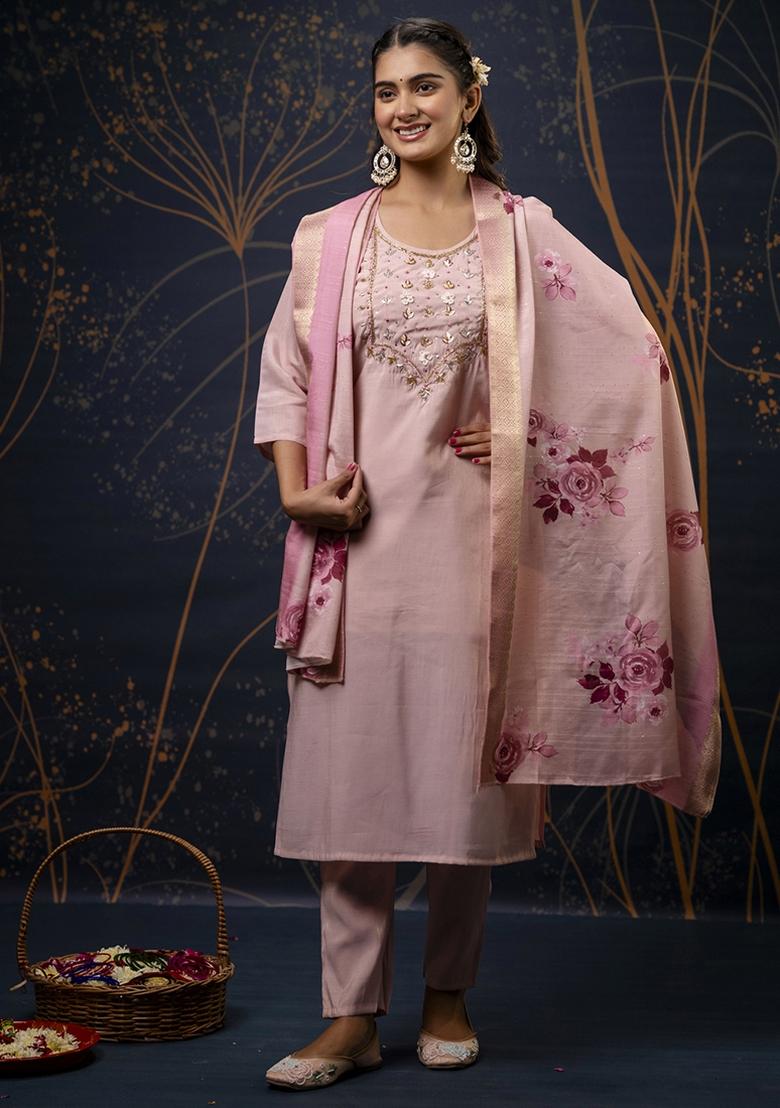 Red Embroidered Simar Silk Kurta Set With Dupatta