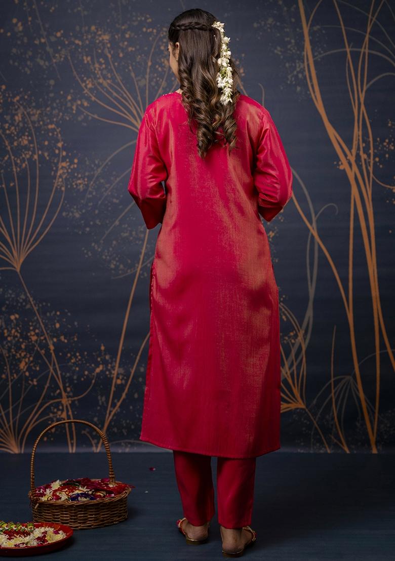 Olive Green Embroidered Simar Silk Kurta Set With Dupatta - Indya