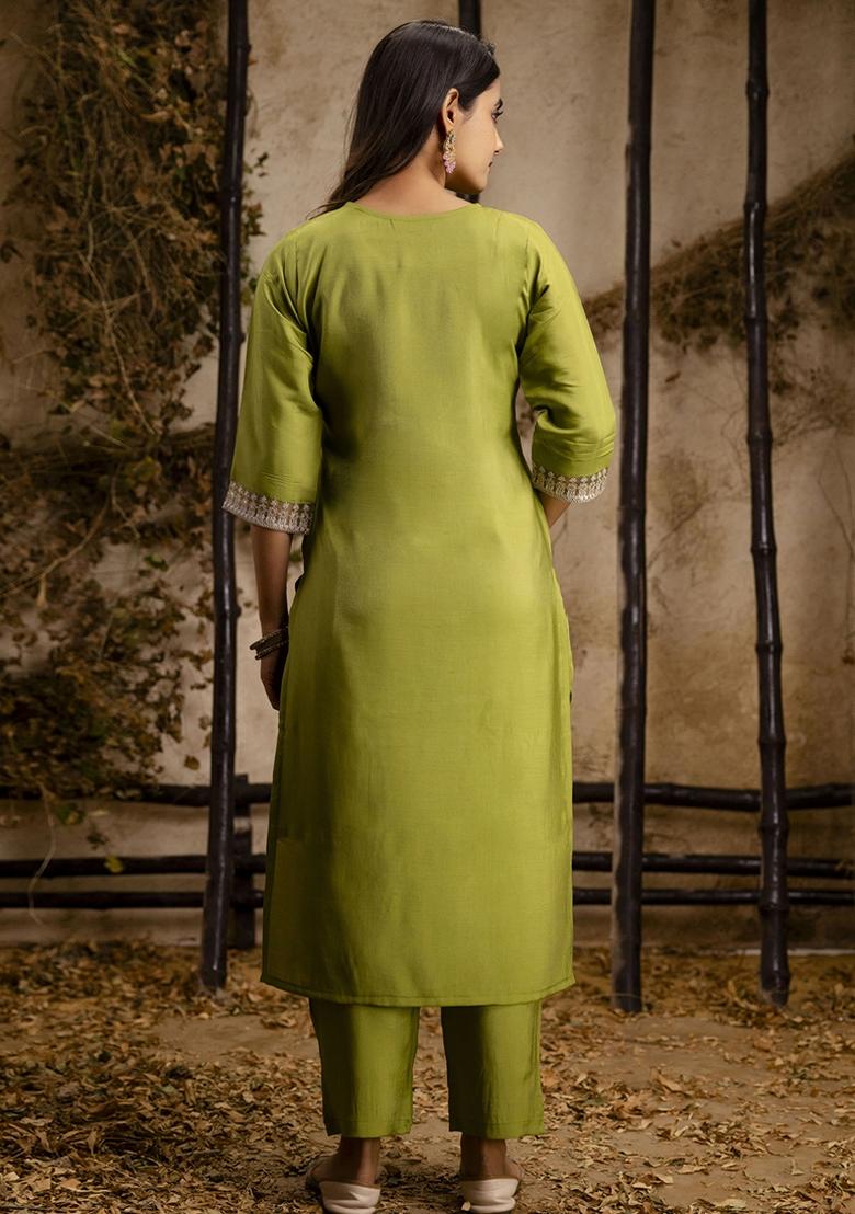 Olive Green Embroidered Silk Blend Kurta Set With Dupatta - Indya