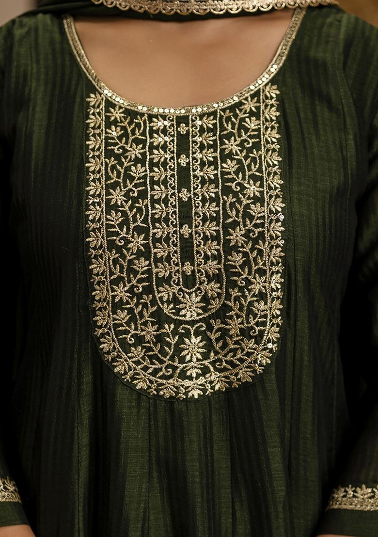 Mehendi Embroidered Silk Blend Kurta Set With Dupatta - Indya