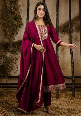 Maroon Embroidered Silk Blend Kurta Set With Dupatta