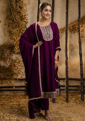 Wine Embroidered Silk Blend Kurta Set With Dupatta