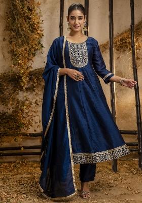 Navy Blue Embroidered Silk Blend Kurta Set With Dupatta