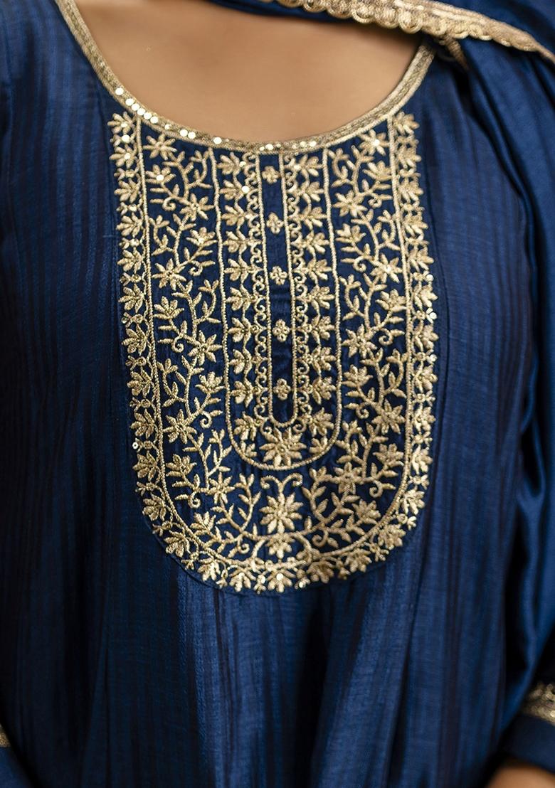 Navy Blue Embroidered Silk Blend Kurta Set With Dupatta - Indya