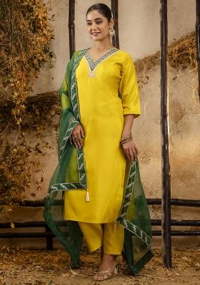 Yellow Embroidered Silk Blend Kurta Set With Dupatta