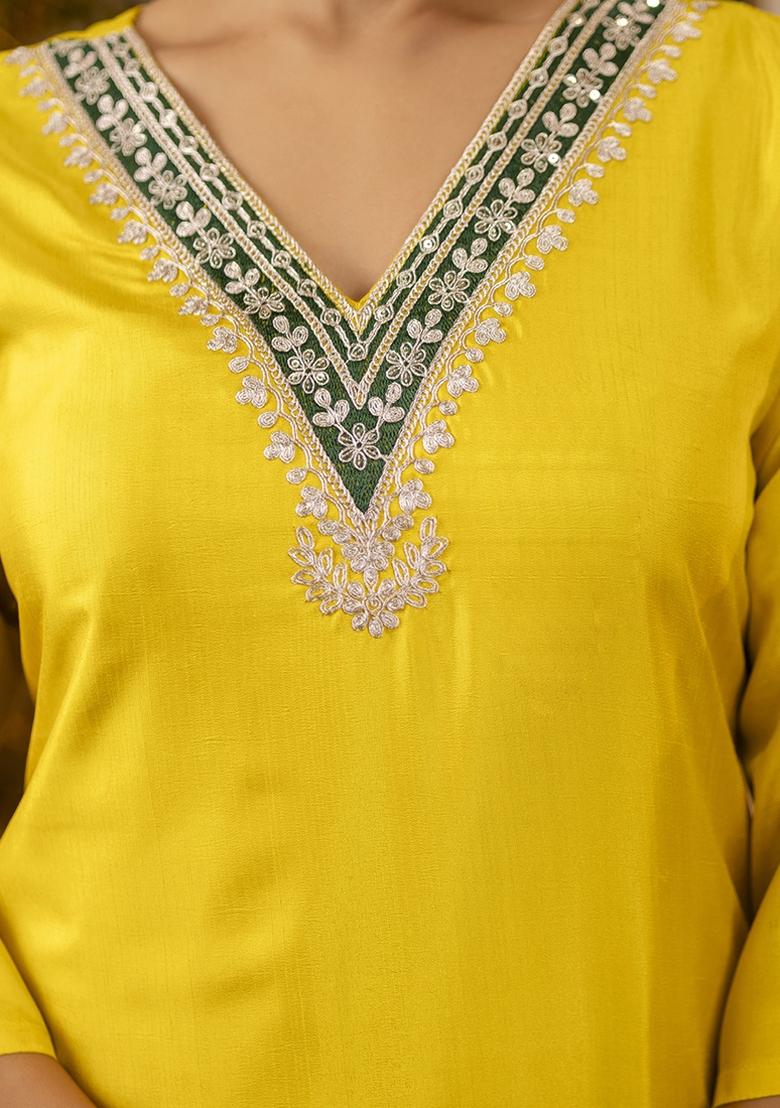 Yellow Embroidered Silk Blend Kurta Set With Dupatta - Indya