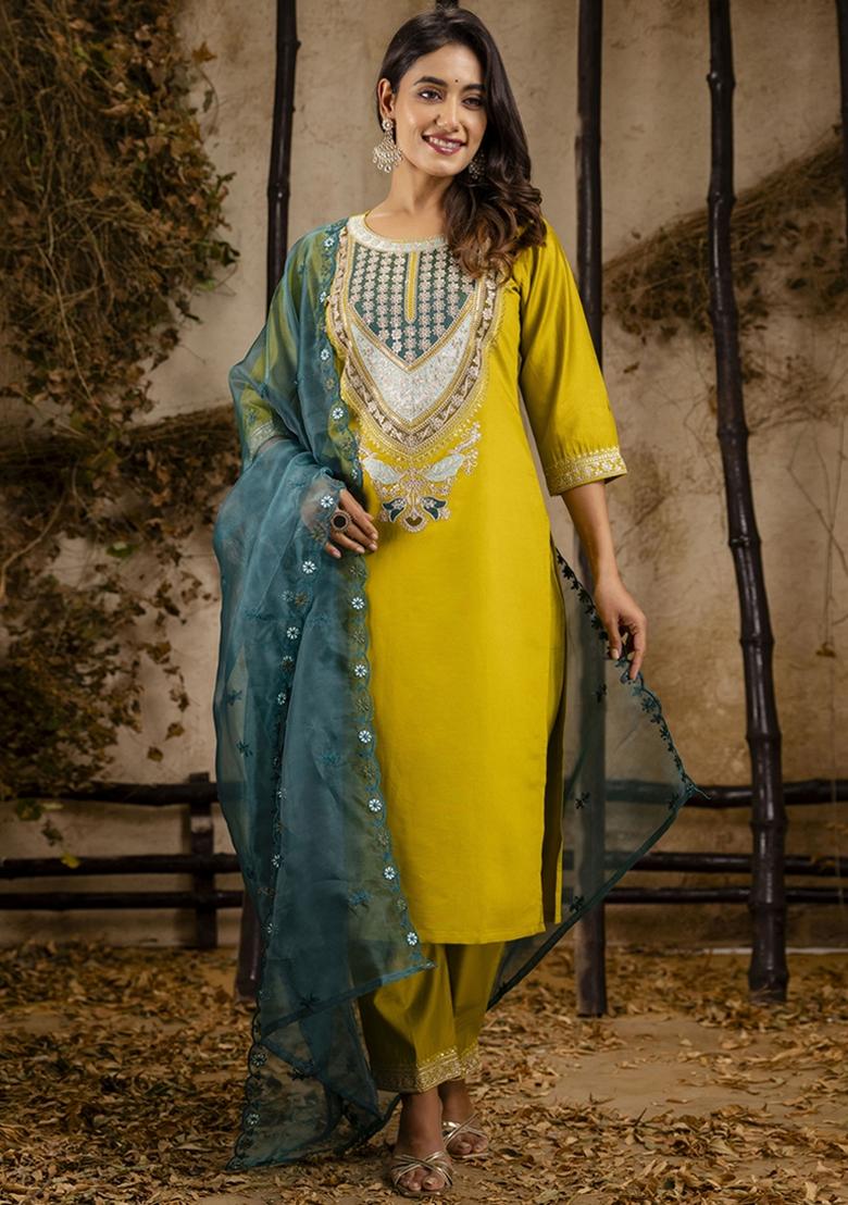 Yellow Embroidered Viscose Rayon Kurta Set With Dupatta