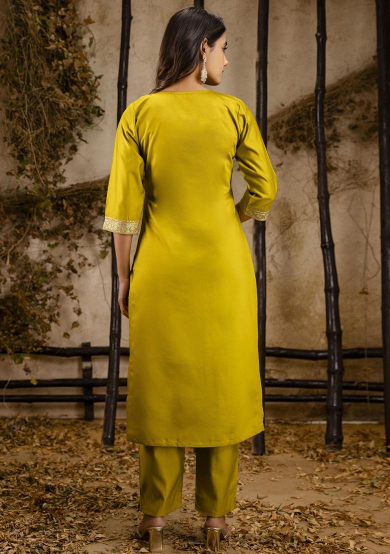 Yellow Embroidered Viscose Rayon Kurta Set With Dupatta