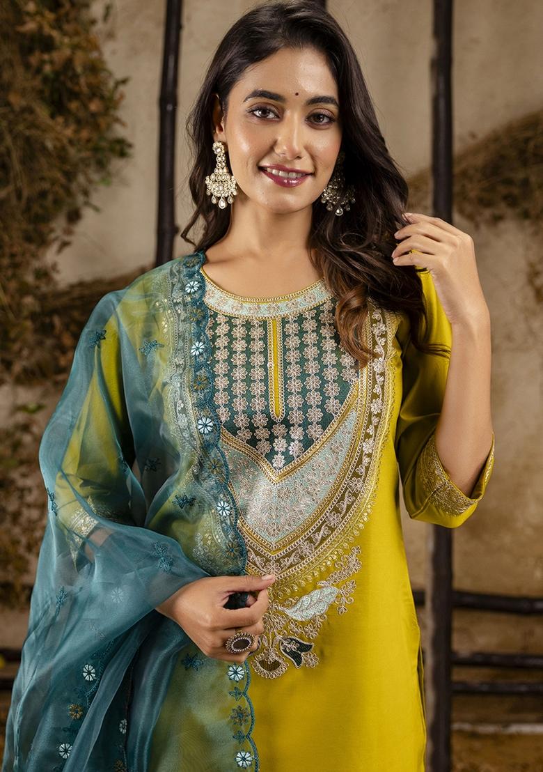 Yellow Embroidered Viscose Rayon Kurta Set With Dupatta