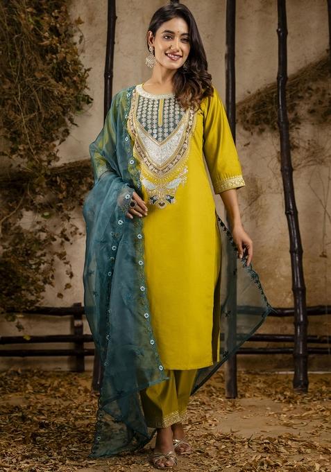 Yellow Embroidered Viscose Rayon Kurta Set With Dupatta