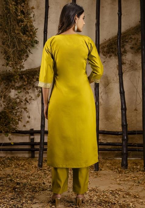 Yellow Embroidered Viscose Rayon Kurta Set With Dupatta
