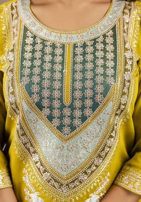 Yellow Embroidered Viscose Rayon Kurta Set With Dupatta