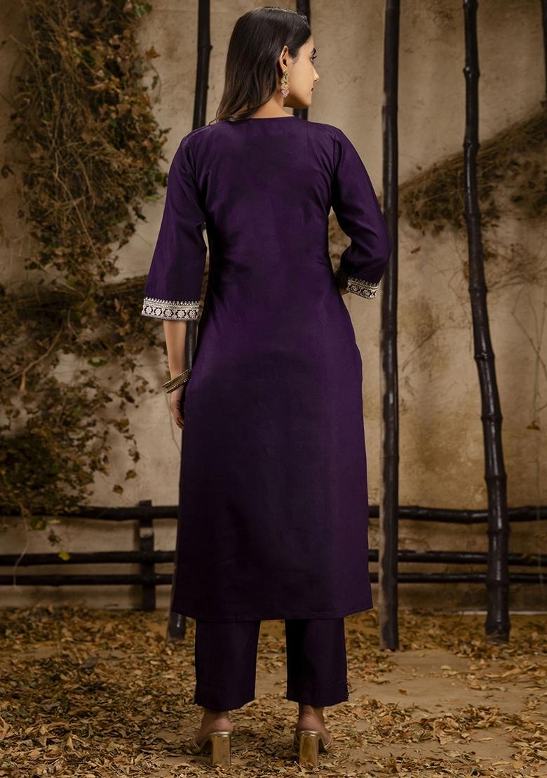 Wine Embroidered Viscose Rayon Kurta Set With Dupatta - Indya