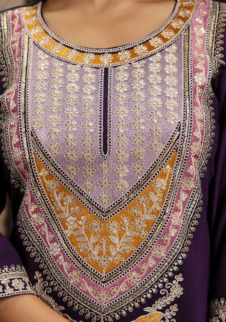 Wine Embroidered Viscose Rayon Kurta Set With Dupatta - Indya