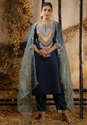 Teal Embroidered Viscose Rayon Kurta Set With Dupatta