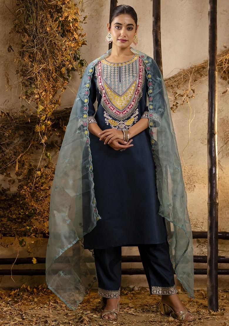 Teal Embroidered Viscose Rayon Kurta Set With Dupatta