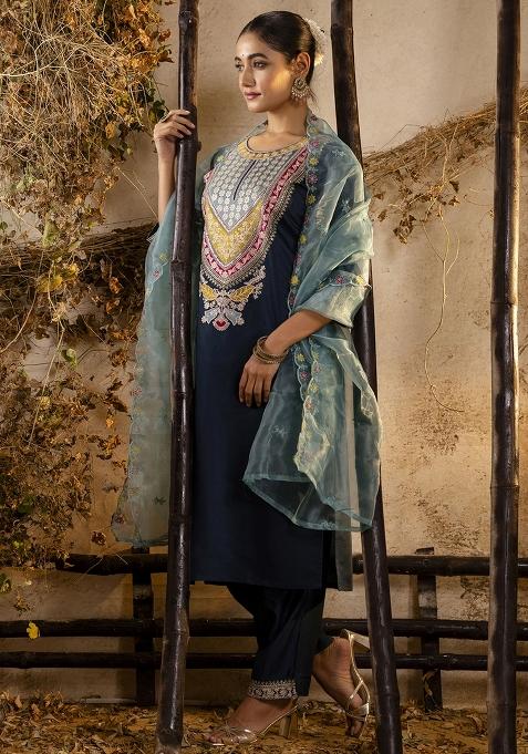 Teal Embroidered Viscose Rayon Kurta Set With Dupatta