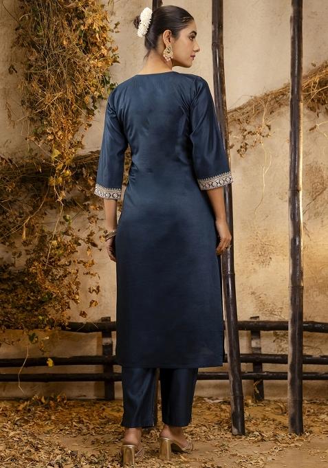 Teal Embroidered Viscose Rayon Kurta Set With Dupatta