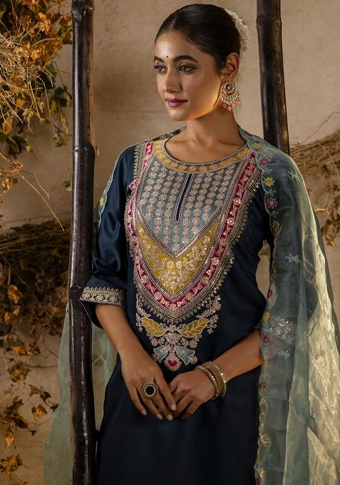 Teal Embroidered Viscose Rayon Kurta Set With Dupatta