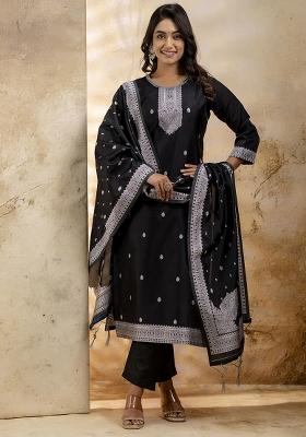 Black Embroidered Cotton Blend Kurta Set With Dupatta