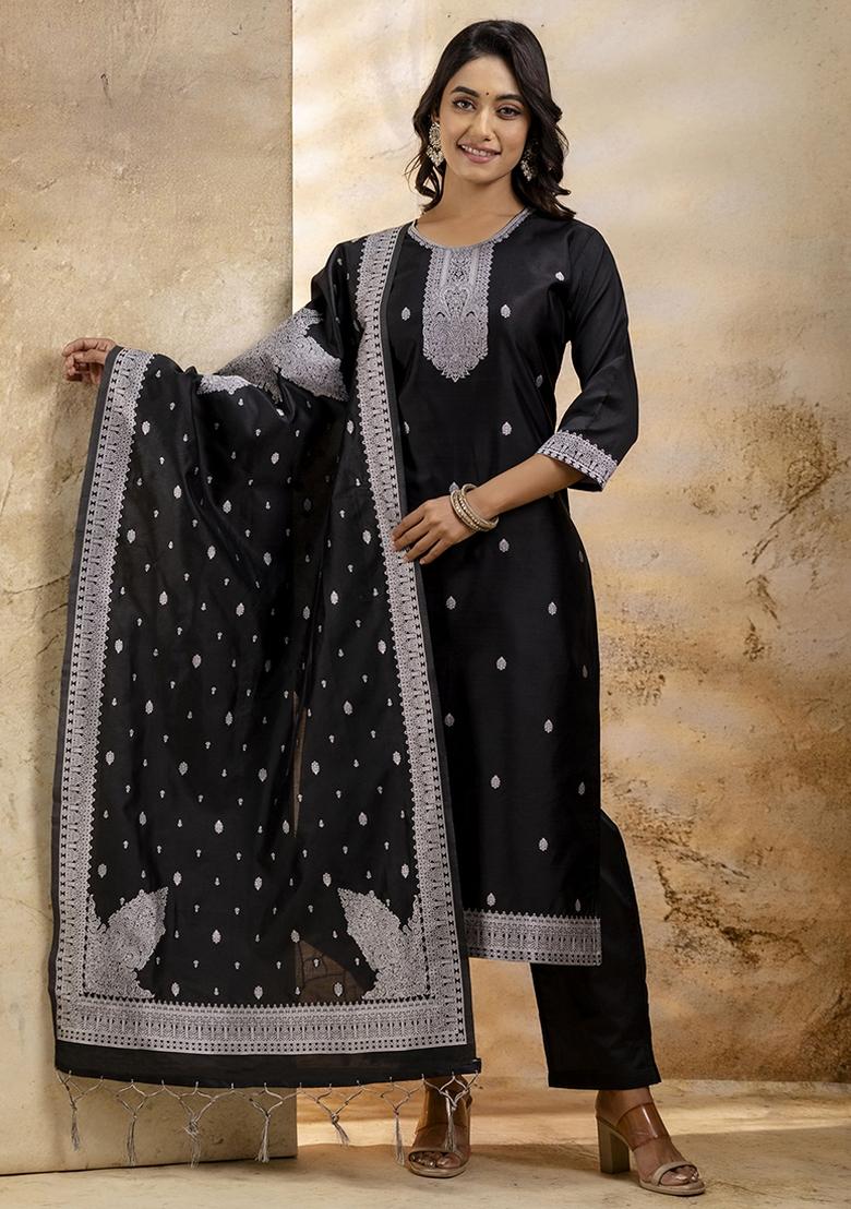 Black Embroidered Cotton Blend Kurta Set With Dupatta - Indya
