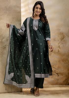 Dark Green Embroidered Cotton Blend Kurta Set With Dupatta