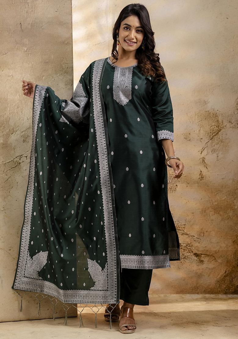 Dark Green Embroidered Cotton Blend Kurta Set With Dupatta
