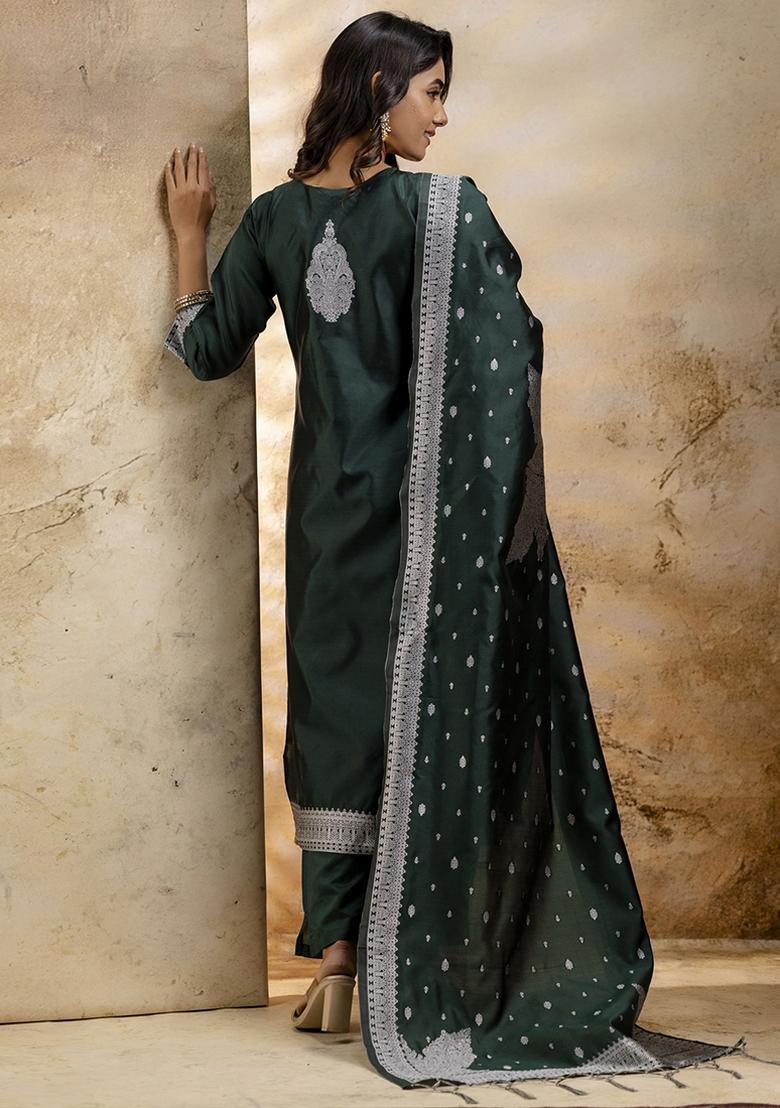 Dark Green Embroidered Cotton Blend Kurta Set With Dupatta