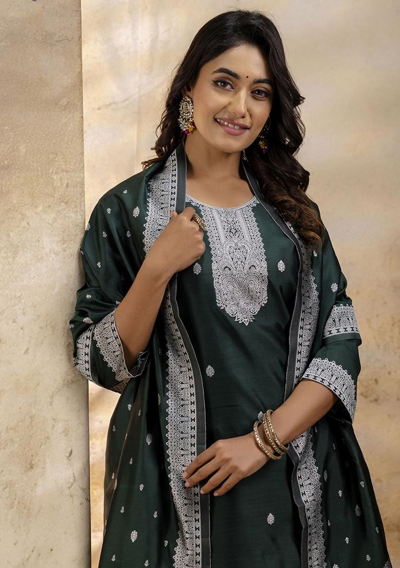 Dark Green Embroidered Cotton Blend Kurta Set With Dupatta