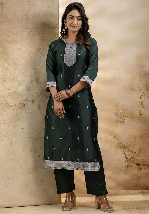 Dark Green Embroidered Cotton Blend Kurta Set With Dupatta