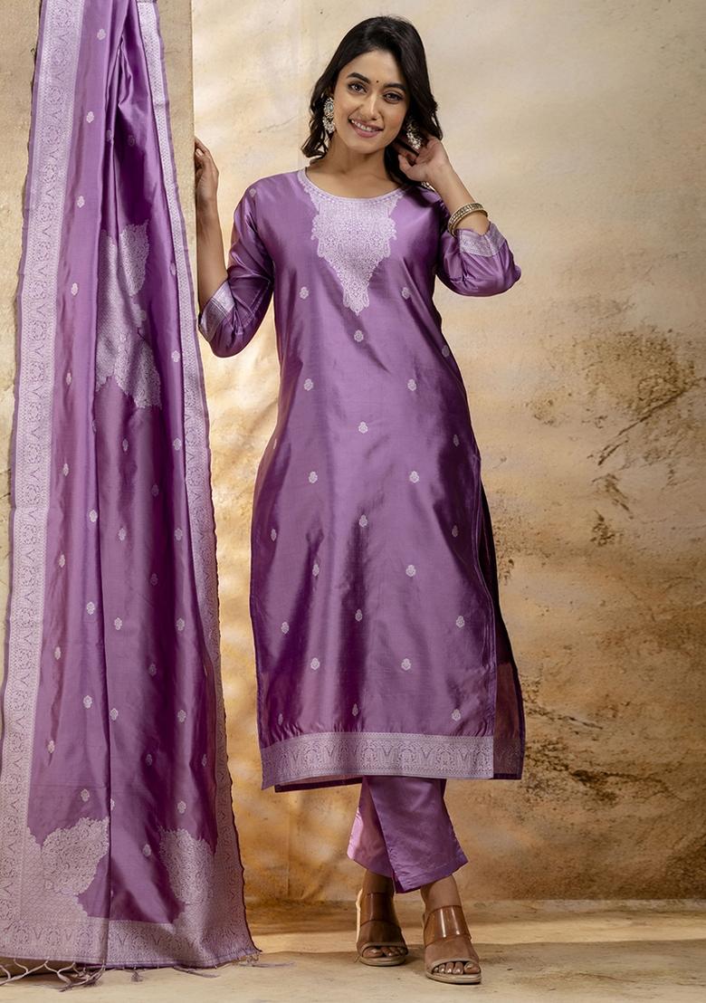 Dusty Pink Embroidered Cotton Blend Kurta Set With Dupatta - Indya