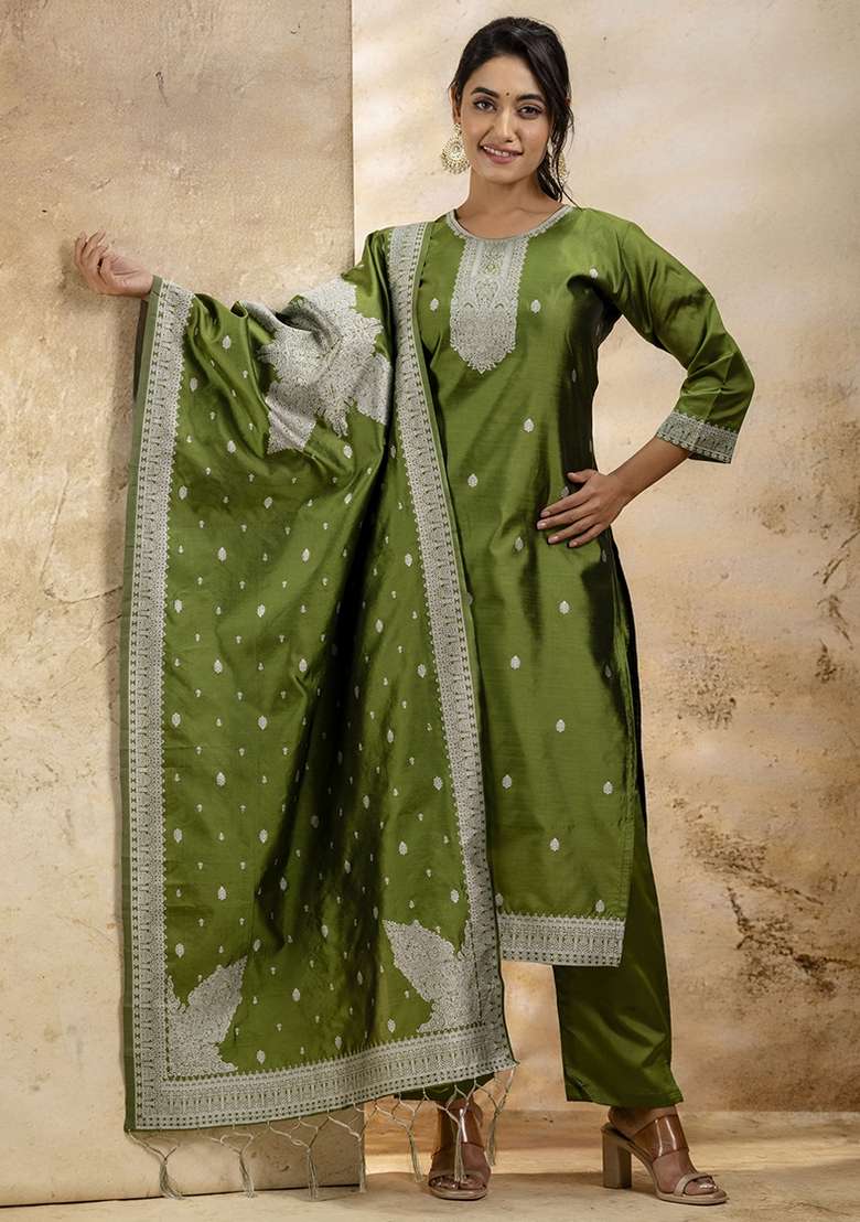 Mehendi Embroidered Cotton Blend Kurta Set With Dupatta - Indya