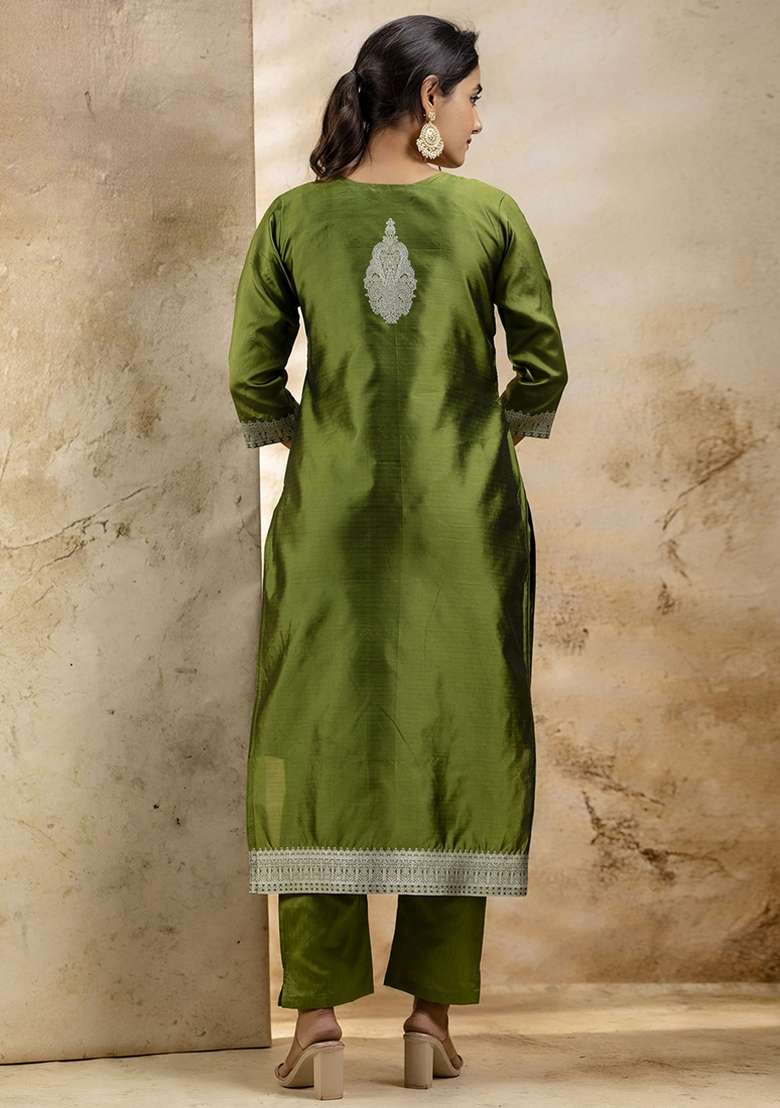 Mehendi Embroidered Cotton Blend Kurta Set With Dupatta - Indya