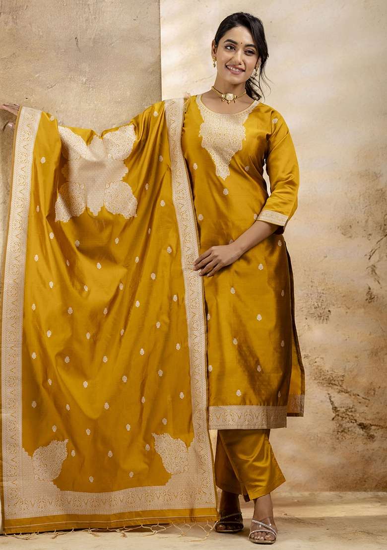 Mustard Embroidered Cotton Blend Kurta Set With Dupatta - Indya