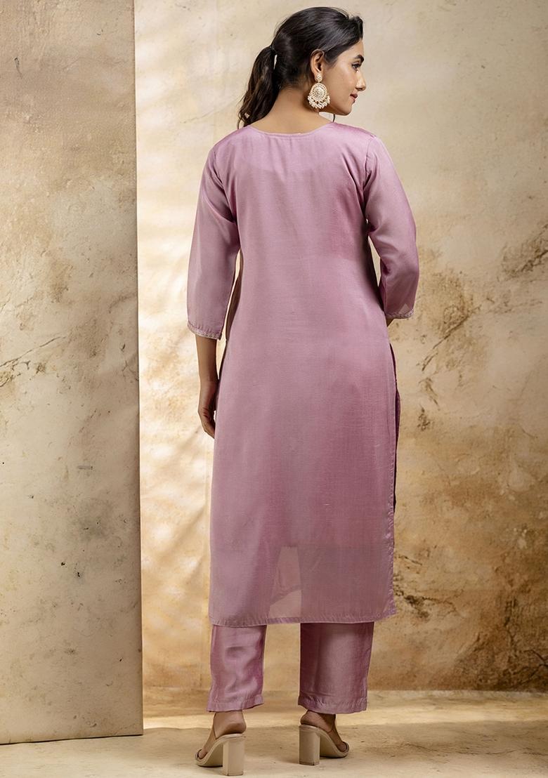 Pink Embroidered Silk Blend Kurta Set With Dupatta - Indya