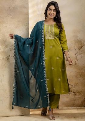 Mehendi Embroidered Silk Blend Kurta Set With Dupatta
