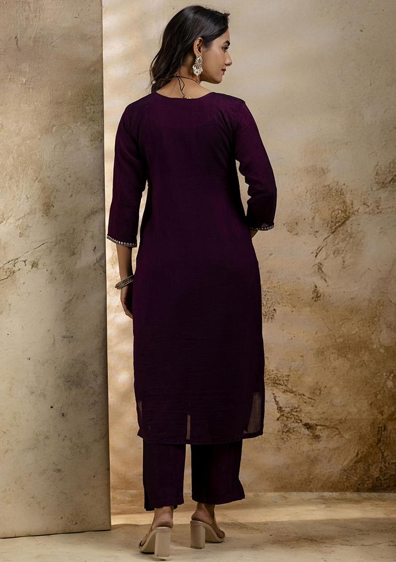 Wine Embroidered Silk Blend Kurta Set With Dupatta - Indya